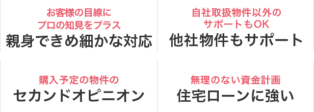 お客様の目線にプロの知見をプラスした親身できめ細かな対応 / 自社取扱物件以外のサポートも　他社物件もサポート / 購入予定の物件のセカンドオピニオン / 無理のない資金計画で住宅ローンに強い