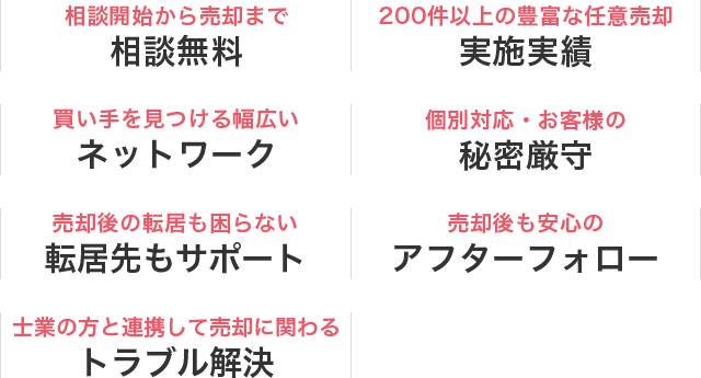 相談開始から売却まで相談無料 / 200件以上の豊富な任意売却 実施実績 / 買い手を見つける幅広いネットワーク / 個別対応・お客様の秘密厳守 / 売却後の転居も困らない 転居先もサポート / 売却後も安心のアフターフォロー / 士業の方と連携して売却に関わるトラブル解決