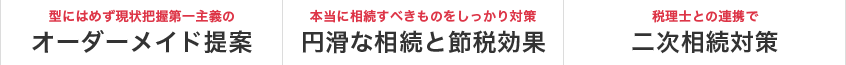 型にはめず現状把握第一主義のオーダーメイド提案 / 本当に相続すべきものをしっかり対策 円滑な相続と節税効果 / 本当に相続すべきものをしっかり対策 円滑な相続と節税効果